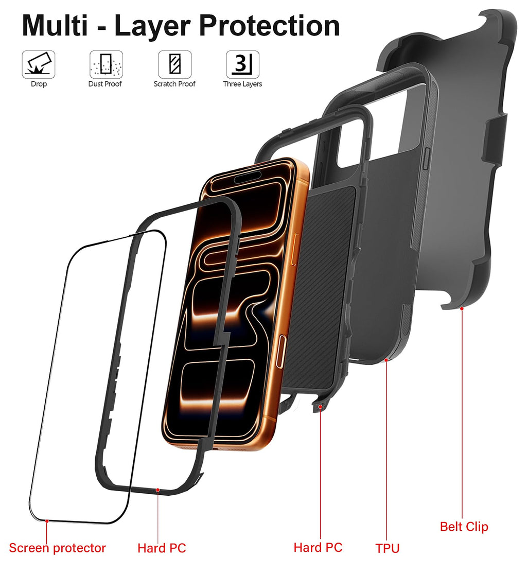 JGS for iPhone 17 Pro Max Case 6.9", Military Grade 3 in 1 Heavy Duty Shockproof/Drop Proof Case with 2 Screen Protector + 2 Camera Lens Protector, Includes Holster Clip Kickstand (Black)