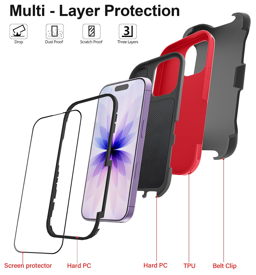 JGS for iPhone 17 Pro Max Case 6.9", Military Grade 3 in 1 Heavy Duty Shockproof/Drop Proof Case with 2 Screen Protector + 2 Camera Lens Protector, Includes Holster Clip Kickstand (Black)