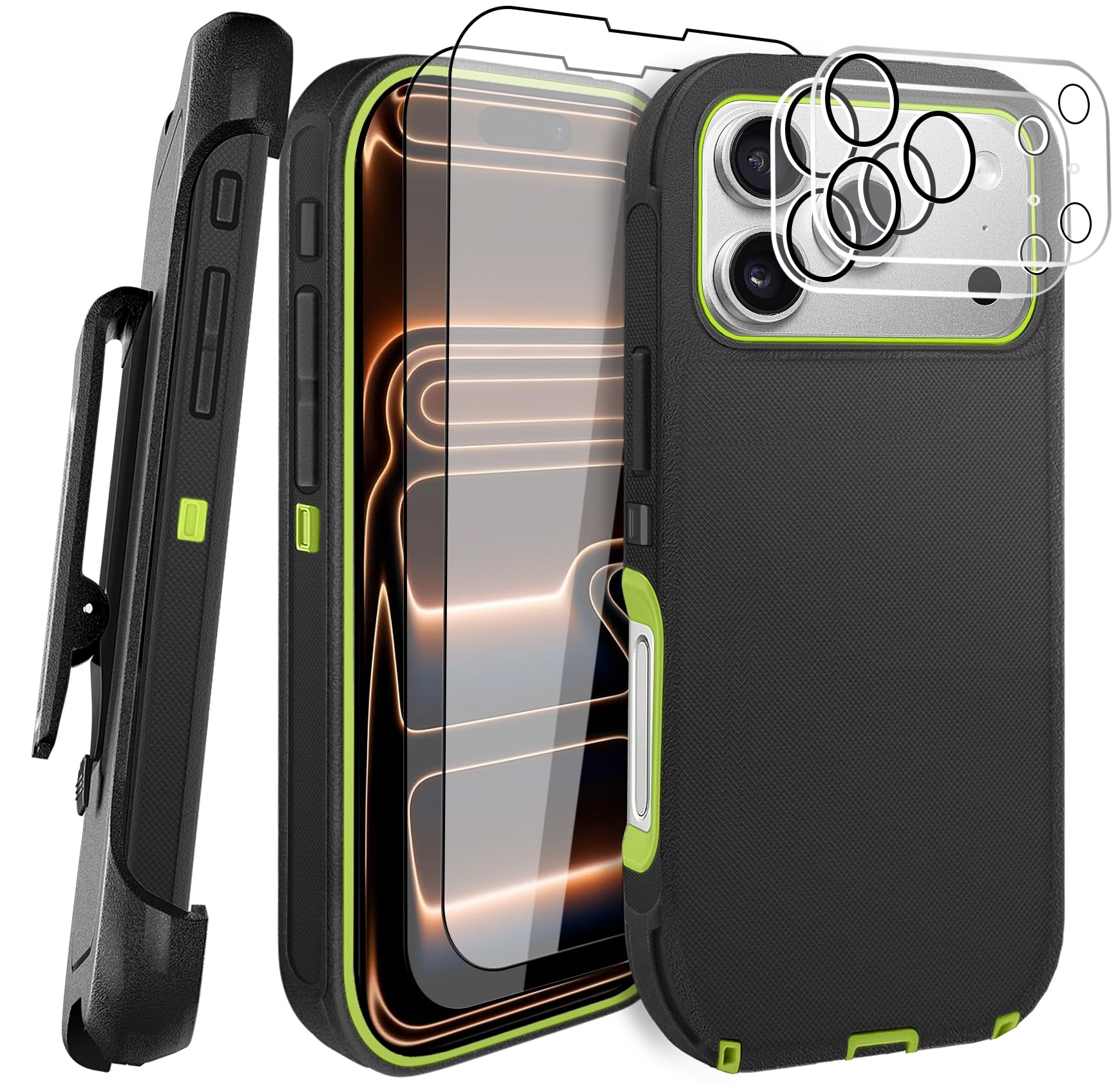 JGS for iPhone 17 Pro Max Case 6.9", Military Grade 3 in 1 Heavy Duty Shockproof/Drop Proof Case with 2 Screen Protector + 2 Camera Lens Protector, Includes Holster Clip Kickstand (Black)