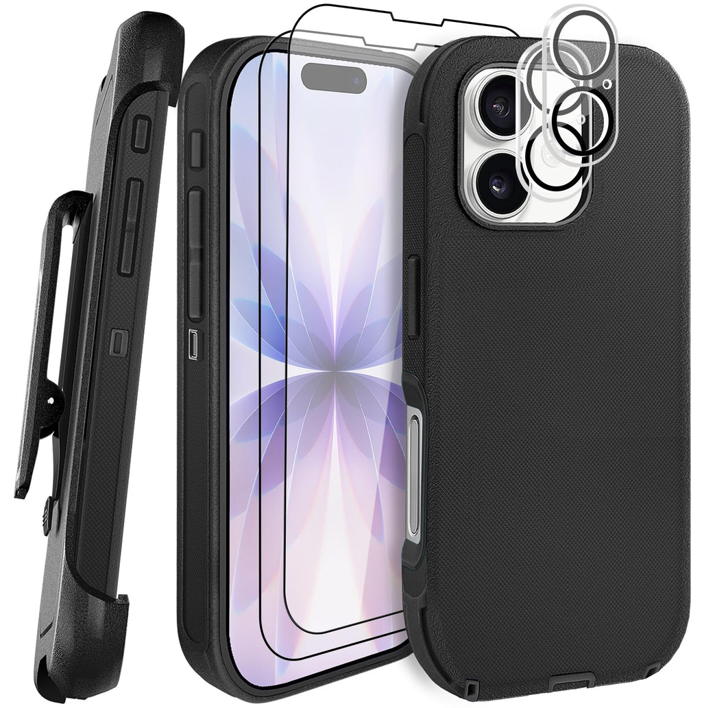 JGS for iPhone 17 Pro Max Case 6.9", Military Grade 3 in 1 Heavy Duty Shockproof/Drop Proof Case with 2 Screen Protector + 2 Camera Lens Protector, Includes Holster Clip Kickstand (Black)