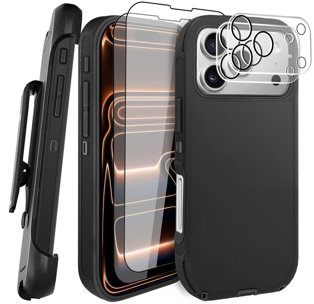 JGS for iPhone 17 Pro Max Case 6.9", Military Grade 3 in 1 Heavy Duty Shockproof/Drop Proof Case with 2 Screen Protector + 2 Camera Lens Protector, Includes Holster Clip Kickstand (Black)