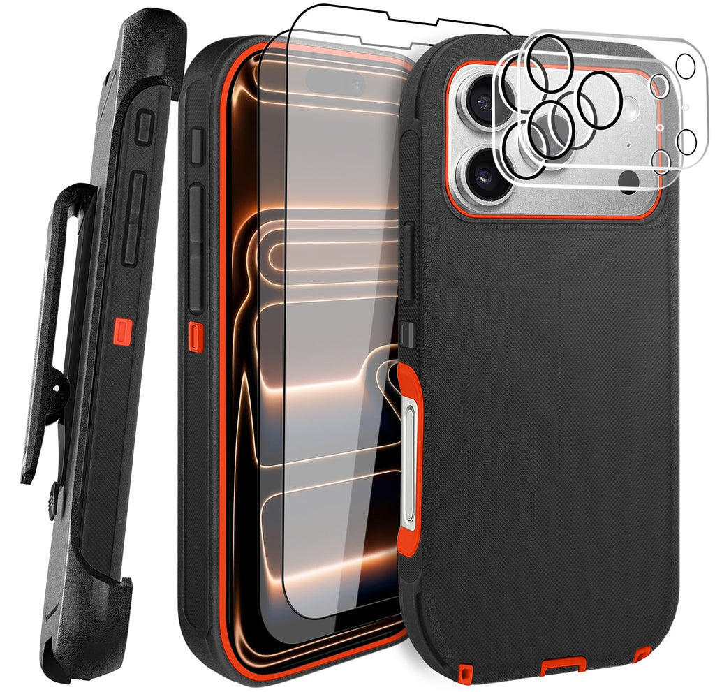JGS for iPhone 17 Pro Max Case 6.9", Military Grade 3 in 1 Heavy Duty Shockproof/Drop Proof Case with 2 Screen Protector + 2 Camera Lens Protector, Includes Holster Clip Kickstand (Black)
